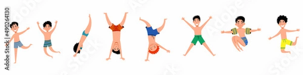 Fototapeta a set of happy children. Boys in bathing suits. Vector illustration in a flat style.