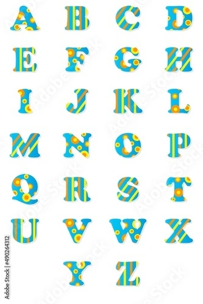 Fototapeta Children's font in the cartoon style of "childhood." Set of multicolored bright letters for inscriptions.