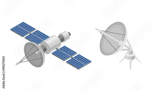Fototapeta Space orbital satellite and dish antenna, wireless communication equipments isometric vector illustration