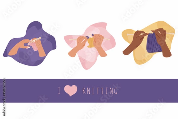 Obraz Collection of women’s hands knitting different clothes as scarfs, mittens and socks. Creativity and leisure time concept. Hobby. Vector illustration