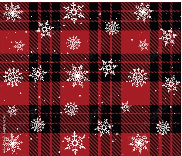 Fototapeta vector snowy snowflake flakes seamless pattern winter pattern red background Plaid, plaid pattern vector background