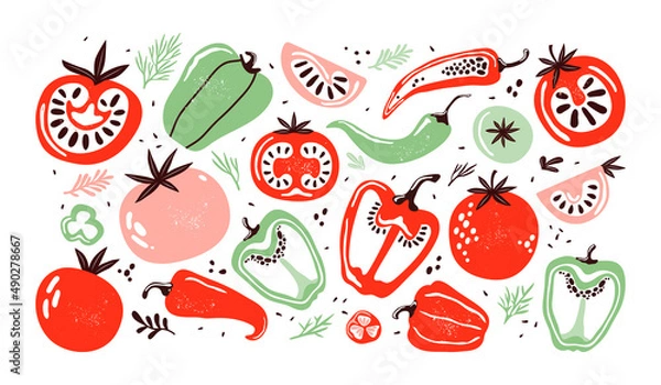 Fototapeta Hand drawn set colorful doodle vegetables in trendy organic style. Red and green pepper, hot chili, tomatoes, jalapeno, paprika, seeds, herbs. Vegetables cut in half, piece. Flat icons. Farm products