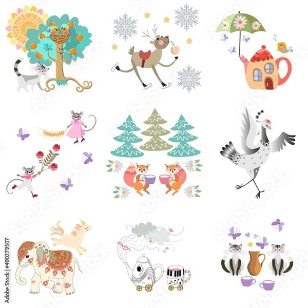 Obraz Endless ornament for baby bedding with funny teapots, apricot tree, sun, cats, dancing mice, elephant, unicorn, squirrels, crane, butterflies isolated on white background. Vector illustration.