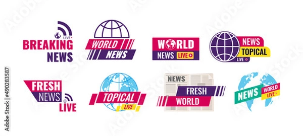 Fototapeta Breaking news labels set. TV live headline titles icon templates. Television broadcasting channel