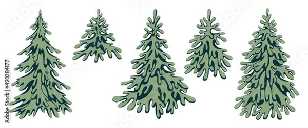 Fototapeta Set of fir trees drawn with abstract shapes. All elements on white background isolated.