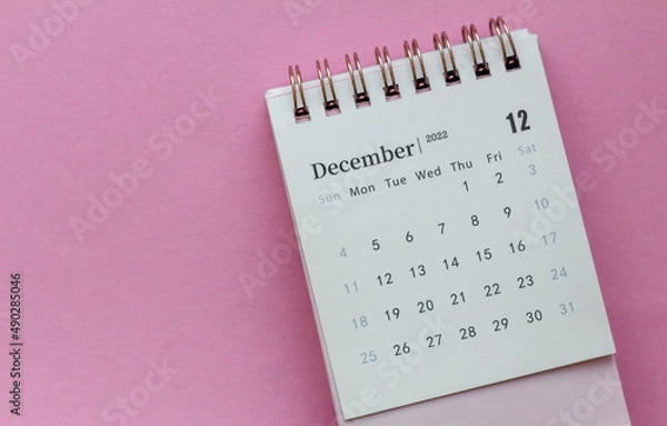 Fototapeta Desktop calendar for December 2022 on a pink background.