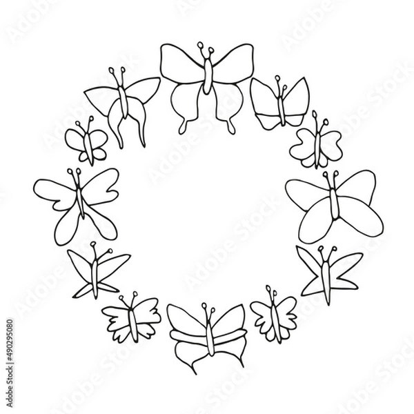 Obraz butterflies in round shape, spring print with outline butterflies