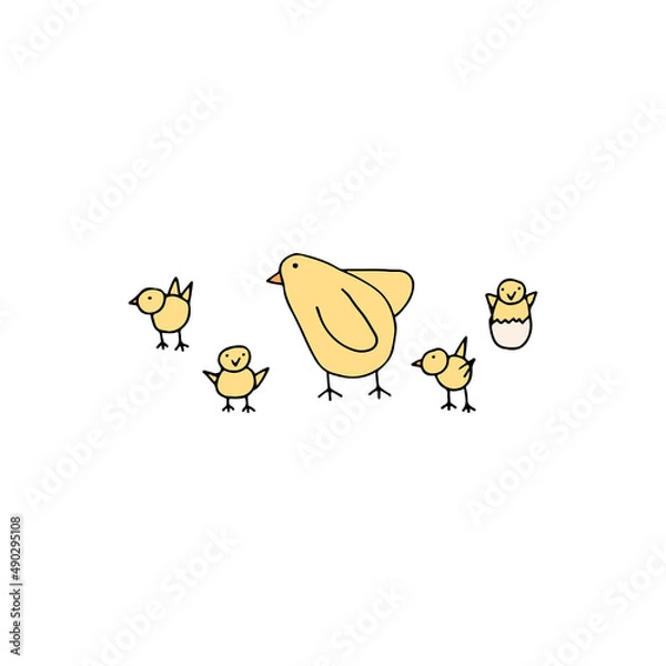 Obraz print for easter, chick and small chickens, vector illustration