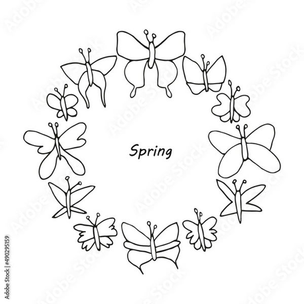 Fototapeta butterflies in round shape, spring print with outline butterflies