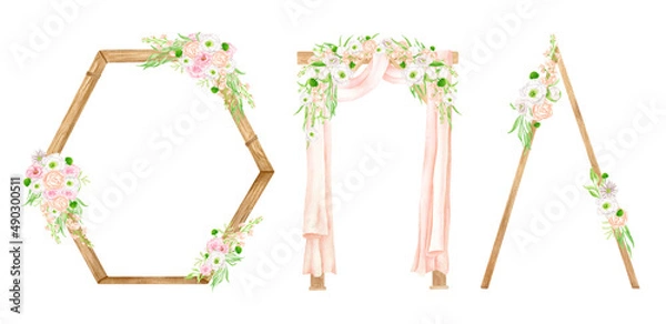 Fototapeta Watercolor wedding arch set. Hand drawn geometric wood archway with flowers and curtains isolated on white background. Boho wedding decoration, rustic decor for invitation, save the date.