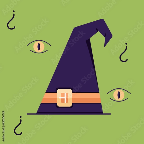 Fototapeta A witchs hat, a witchs headdress, a poster with a hat surrounded by an all seeing eye and a question symbol. Vector illustration