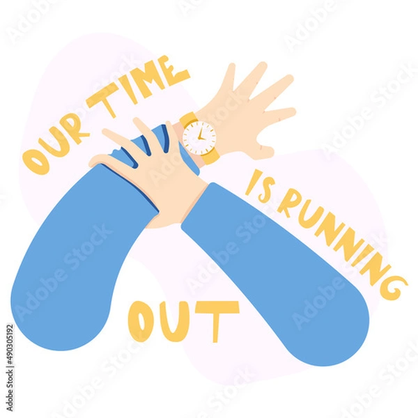 Fototapeta An illustration with a watch on his hand, a man checks the time on his watch. The concept of an illustration about the passing of time, haste and organization of working time. Vector illustration