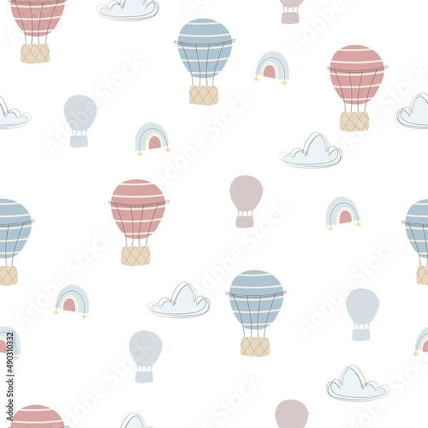 Fototapeta Cute seamless pattern with pastel hot air balloons and clouds. Vector hand drawn illustration. Can be used for nursery, scrapbooking, decoration party, wallpaper, fabric and much more.
