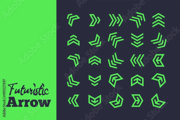 Fototapeta Futuristic green arrow set with multiple direction in dark blue background.