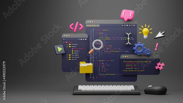 Obraz Programista programista wpisując skrypt języki źródłowe kodowanie symbole ikona rozwój projektu dane programowanie inżynieria oprogramowania technologie informatyczne komputer. renderowania 3D.