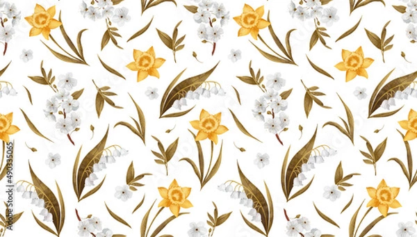 Fototapeta seamless floral pattern with white lily of the valley, yellow daffodil and apple blossom buds, white background 2d illustration