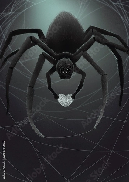 Fototapeta a cute spider weaves a heart out of a web and holds it in its paws, 2d illustration