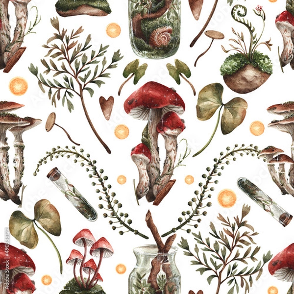 Obraz seamless pattern with leaves and mushrooms
