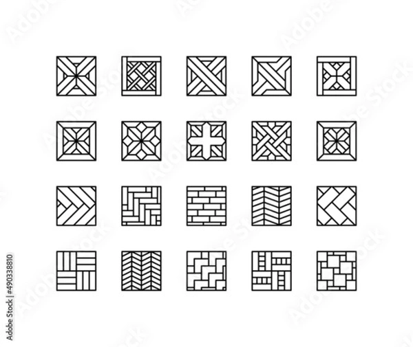 Fototapeta Floor finishing material flat line icons set. Floor from timber such as parquet, laminate, plank and hardwood. Simple flat vector illustration for web site or mobile app