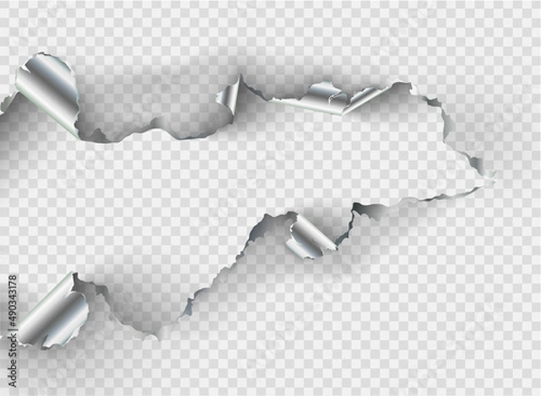 Fototapeta ragged Hole torn in ripped metal on transparent background