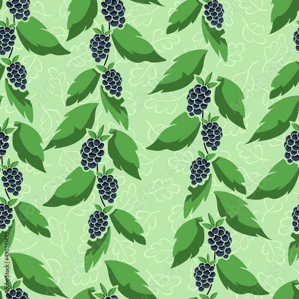 Fototapeta Vector seamless pattern with vertical foliate blackberry twigs on green background; perfect for wrapping paper, invitations, posters, banners and other design.