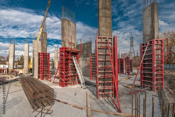 Fototapeta Panel formwork at the construction of a residential building.