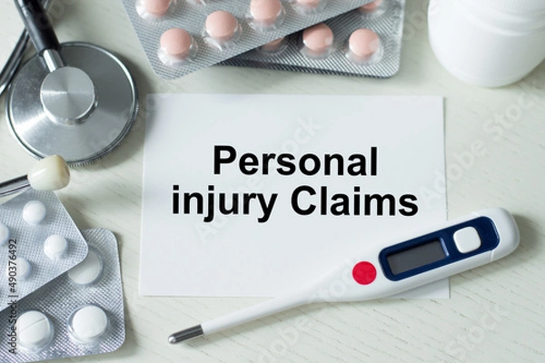 Fototapeta text Personal injury claims on a white card on the table next to thermometer, tablets, stethoscope