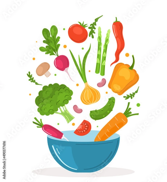 Obraz Sprinkle a fresh summer salad of greens and vegetables in a deep plate. Flying salad recipe. Vector illustration isolated on a white background.
