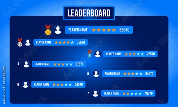 Fototapeta Game Leaderboard design with blue page header. Championship List of players with score. Blue avatar ui frames and futuristic winner badges. Eps10 vector