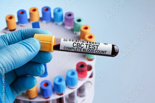 Fototapeta Blood sample of patient for analysis of CBC Complete Blood Count test in laboratory. Doctor with Blood tube test for Complete Blood Count CBC FBC test
