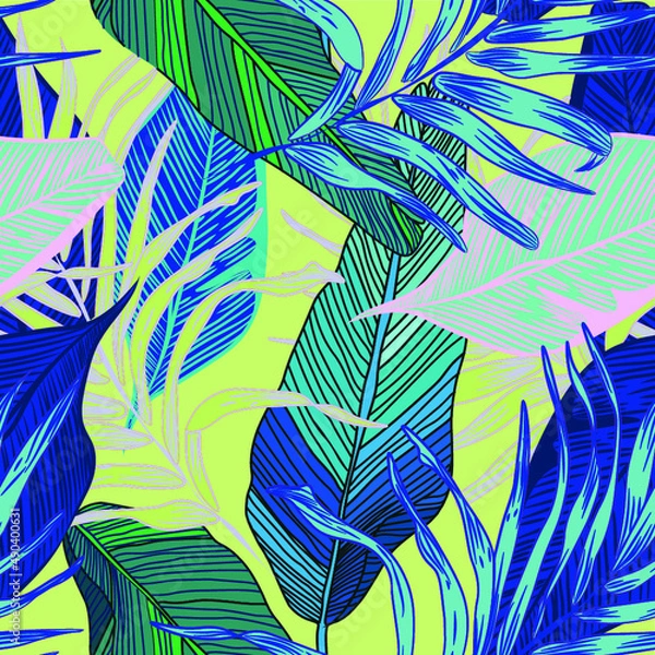 Fototapeta vector seamless stylish trendy tropical patterns with exotic leaves in custom bright colors. Vector lush foliage for stylish pattern surface design
