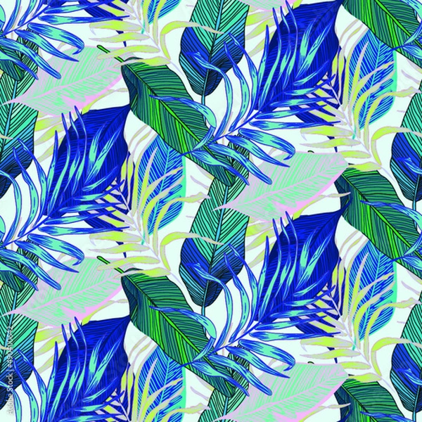 Fototapeta vector seamless stylish trendy tropical patterns with exotic leaves in custom bright colors. Vector lush foliage for stylish pattern surface design