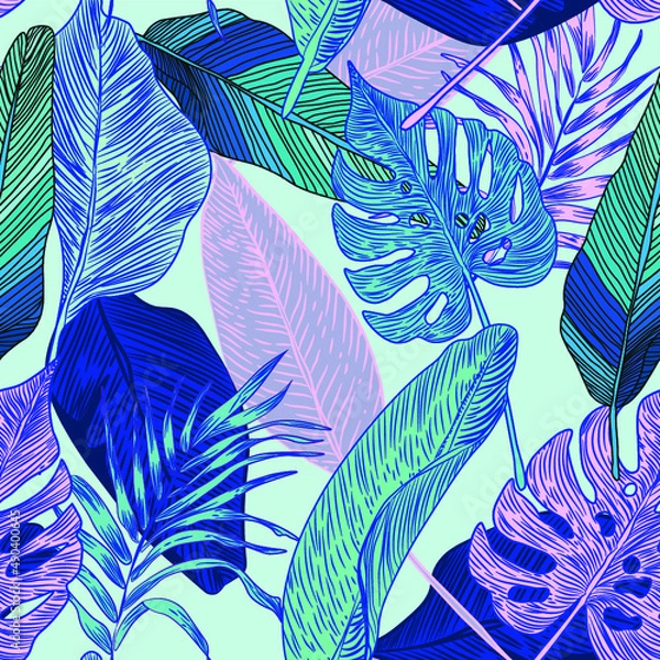 Fototapeta vector seamless stylish trendy tropical patterns with exotic leaves in custom bright colors. Vector lush foliage for stylish pattern surface design