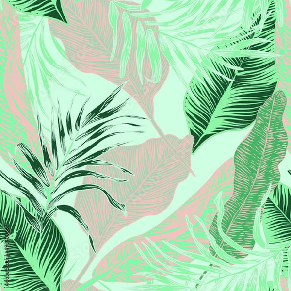 Fototapeta vector seamless stylish trendy tropical patterns with exotic leaves in custom bright colors. Vector lush foliage for stylish pattern surface design