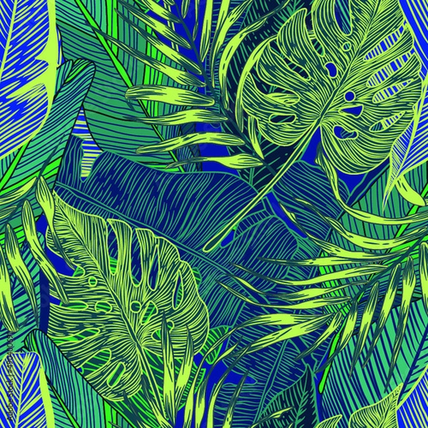 Fototapeta vector seamless stylish trendy tropical patterns with exotic leaves in custom bright colors. Vector lush foliage for stylish pattern surface design