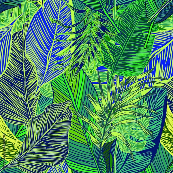 Fototapeta vector seamless stylish trendy tropical patterns with exotic leaves in custom bright colors. Vector lush foliage for stylish pattern surface design