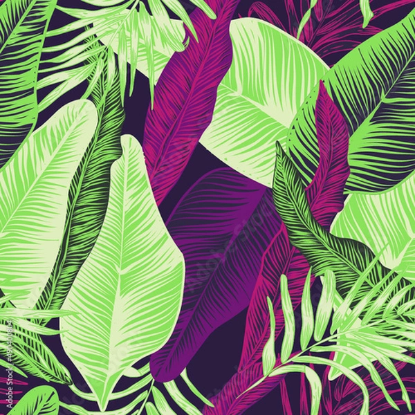 Fototapeta vector seamless stylish trendy tropical patterns with exotic leaves in custom bright colors. Vector lush foliage for stylish pattern surface design