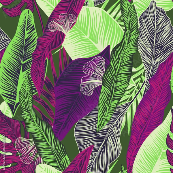 Fototapeta vector seamless stylish trendy tropical patterns with exotic leaves in custom bright colors. Vector lush foliage for stylish pattern surface design