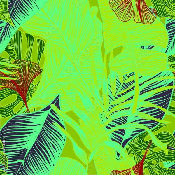 Fototapeta vector seamless stylish trendy tropical patterns with exotic leaves in custom bright colors. Vector lush foliage for stylish pattern surface design