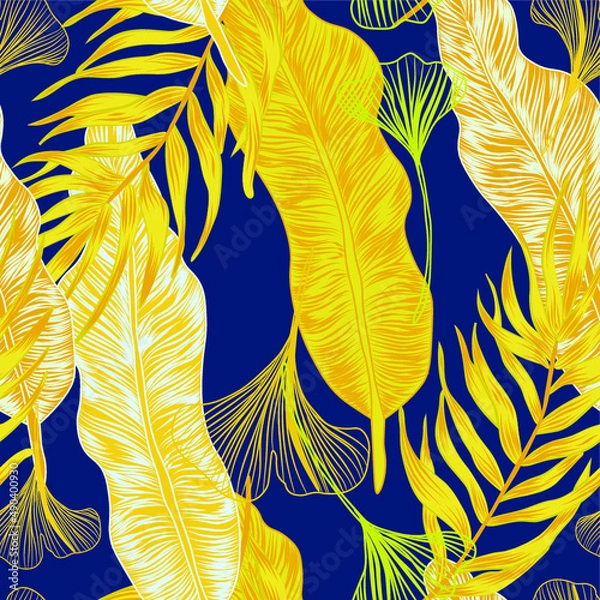 Fototapeta vector seamless stylish trendy tropical patterns with exotic leaves in custom bright colors. Vector lush foliage for stylish pattern surface design