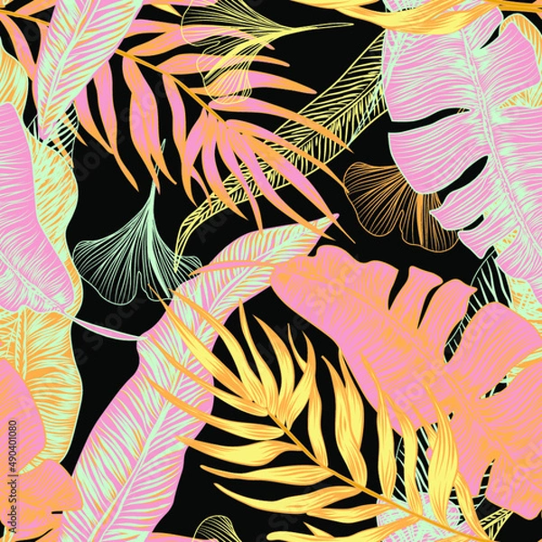 Fototapeta vector seamless stylish trendy tropical patterns with exotic leaves in custom bright colors. Vector lush foliage for stylish pattern surface design