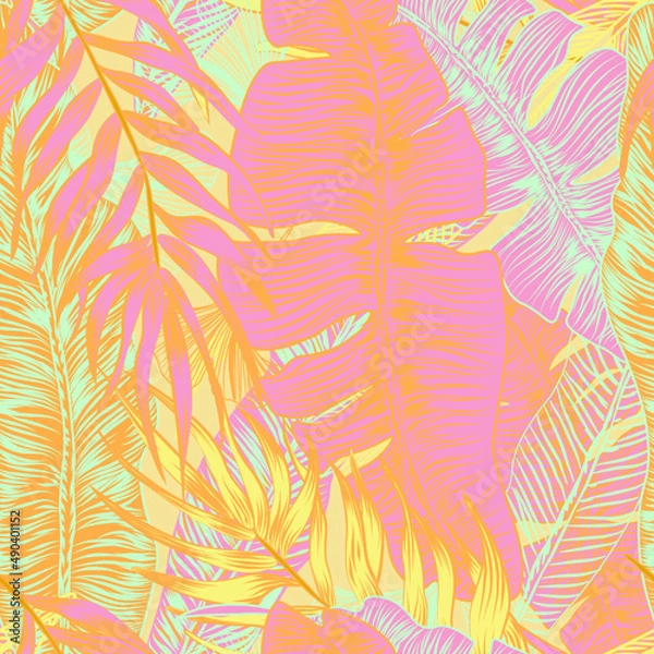 Fototapeta vector seamless stylish trendy tropical patterns with exotic leaves in custom bright colors. Vector lush foliage for stylish pattern surface design