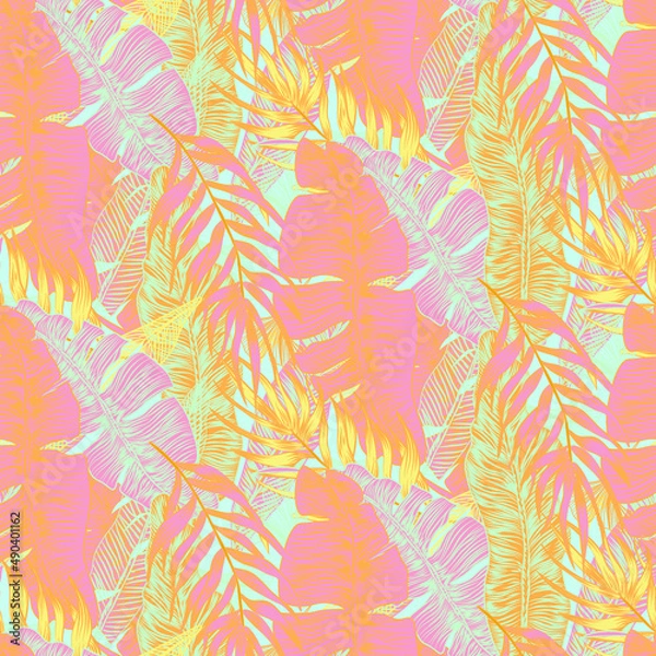 Fototapeta vector seamless stylish trendy tropical patterns with exotic leaves in custom bright colors. Vector lush foliage for stylish pattern surface design