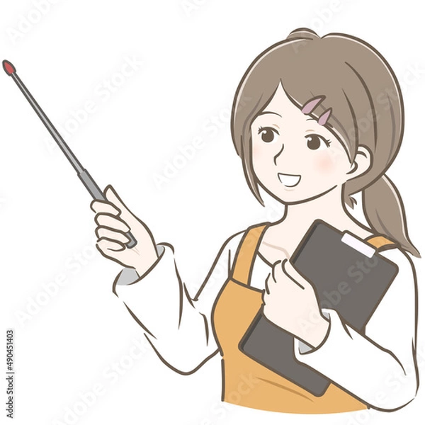 Fototapeta 指示棒を持ってほほえむエプロン姿の若い女性