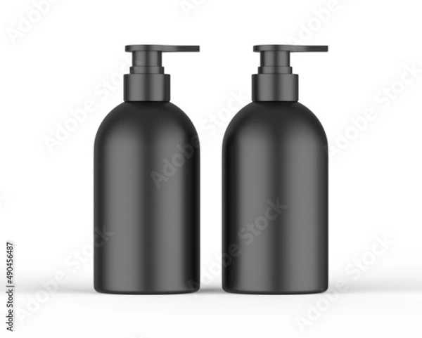 Fototapeta Black plastic bottle with pump dispenser for branding, Cosmetic bottle with pump mockup on isolated white background, 3d render illustration