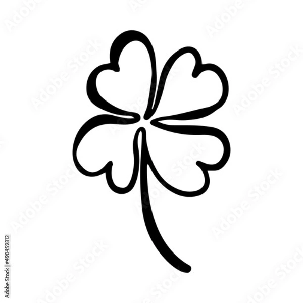Obraz Black line doodle four leaf clover. Vector Outline illustration. Nature monochrome line art design. Hand drawn simple linear art