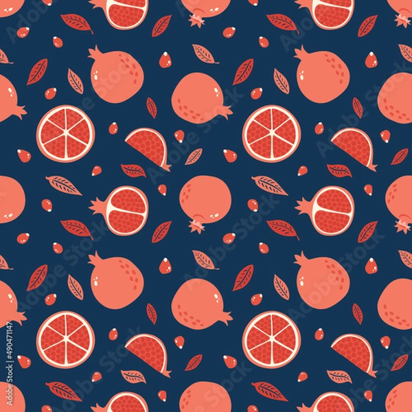 Fototapeta Pomegranate seamless pattern with seeds and leaves on blue background. Hand drawn Garnet ornament. Red tropical fruit texture for print, wallpaper cover, textile, juice package and interior design