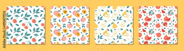 Fototapeta Juicy Fruits Seamless Patterns Set. Collection of Hand Drawn Vibrant Ripe Cherry, Peaches, Pears and Garnets Vector Illustrations for textile prints, wrapping paper, food and juice package design