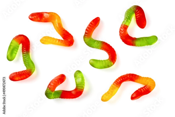 Obraz Gummy worms isolated on the white background, top view