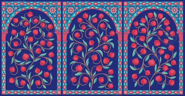 Obraz Decorative ornament pomegranate trees. Oriental decor. Curly branches with fruits